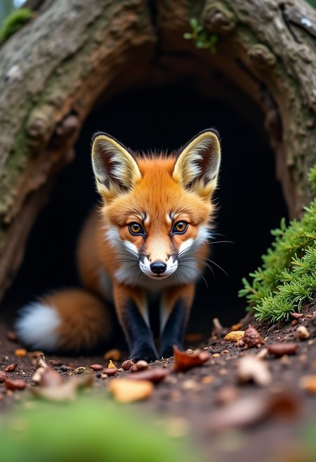 A playful baby fox curiously exploring its surroundings in a forest hideout, with a bushy tail and bright eyes