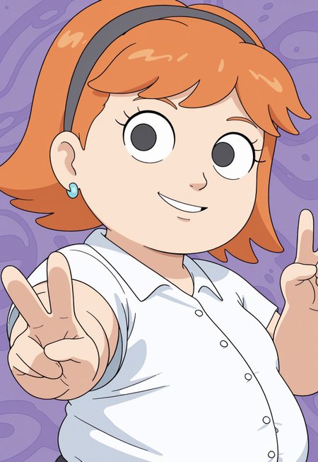 alison, orange hair, short hair, black eyes, grey hairband, earrings, 1girl, solo, looking at viewer, short, shortstack, white button up shirt, chubby, smile, dynamic pose, parted lips, v, upper body, posing, pose, abstract background, dynamic angle,