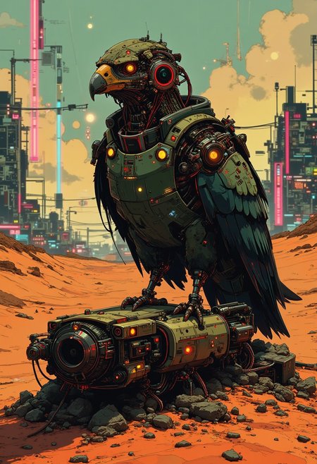 A digital artwork in the style of cknc, A cyborg vulture rests on the skeletal remains of a rusted drone buried halfway in the desert sands. Its cybernetic wings shimmer with a faint neon glow, illuminated by the reflection of a distant sci-fi cityscape. In the backdrop, the city pulses with holographic lights, and the arid desert stretches endlessly. The horizon blurs the line between the barren wilderness and the technological metropolis. Soft golden hues of dusk cast long shadows across the dunes, blending natural and synthetic beauty. Focus on intricate textures: gritty sand, metallic feathers, and city neon reflections.