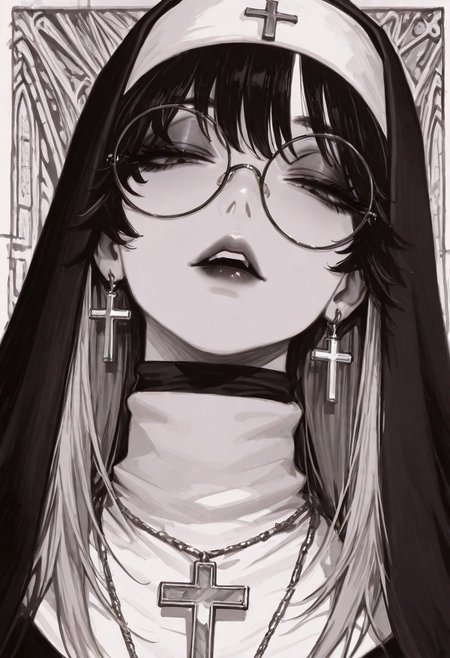 masterpiece, best quality, good quality, very aesthetic, absurdres, newest, 1girl, (solo), black hair, black lips, coif, cross, cross earrings, cross necklace, earrings, eyelashes, eyeshadow, glasses, habit, half-closed eyes, jewelry, lips, long hair, looking at viewer, looking down, makeup, monochrome, multicolored hair, necklace, nun, parted lips, portrait, round eyewear, solo, teeth, traditional nun, turtleneck, two-tone hair, upper teeth only