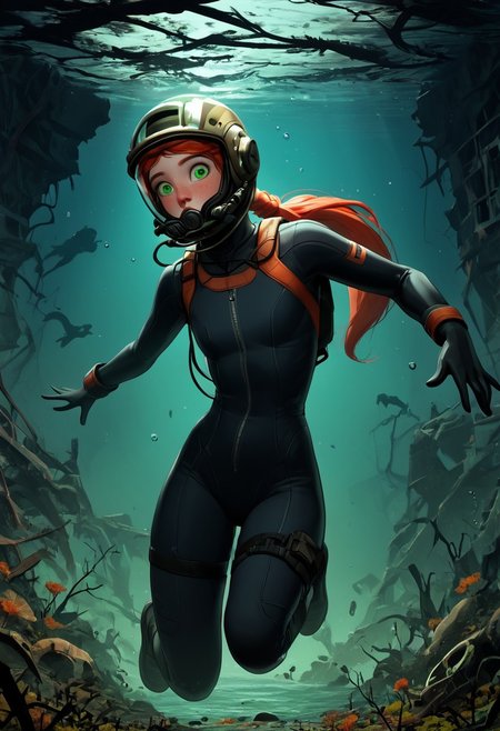 1woman, Masterpiece, 4k, ultra high detail, score_9, score_8_up, score_8, 21yo,  small breast size, long red ponytail hair, fcNeg, stunning green eyes, freckles, white skin, small nose, innocent beauty, slim face,  skinny body, perfect body, supermodel, 
Old_diving_gear with glass helmet, dark_divingsuit with dark glass_helmet, 
Dark Underwater_ruins, very_dark, less_green_light, 
Sunken city, floated ruins, dark night, 
negative_hand, NightScapes, creepy_night, Diving Suit, 18th_centuary_diving_suit, old_diving_suit,