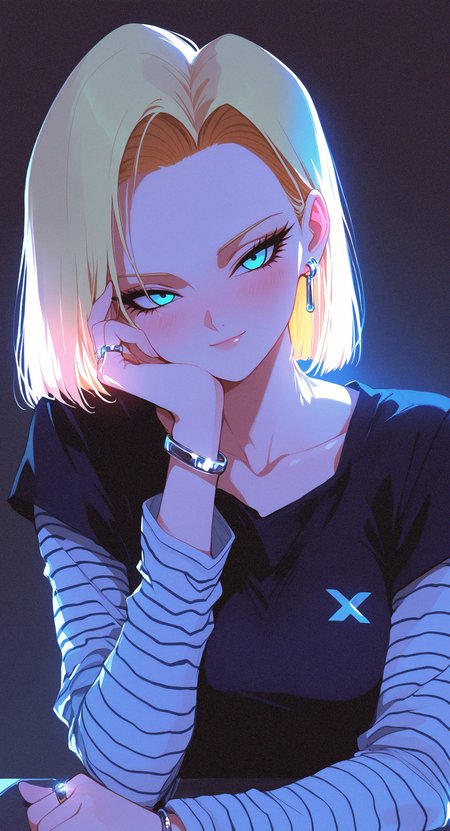 masterpiece, best quality, good quality, very awa, newest, highres, absurdres,
 android 18 \(dragon ball\),
1girl, solo, blonde hair, blue eyes, medium breasts, short hair, collarbone, eyelashes,
looking at viewer, blush, closed mouth,head rest, hand on own cheek, hand on own face, shirt, long sleeves, short sleeves, earrings, bracelet, ring, layered sleeves, striped sleeves
upper body, simple background, underlighting,
Mature women,light smile, xxx667_illu, (glowing:0.6), melanch0ly, retro anime, 1990s <lora:illustriousXL_stabilizer_v1.23:0.3> <lora:NOOB_vp1_detailer_by_volnovik_v1:0.3> <lora:ponyv6_noobE11_2_adamW-000017:0.3> <lora:XXX667:0.7> <lora:MelancholyAnime:0.8>
