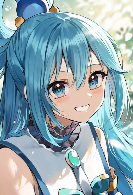 score_9, score_8_up, score_7_up, source_anime, hi res, masterpiece, best quality, highres, rkanime_ps, aqua /(konosuba)/, close up, upper body, smile, looking at viewer