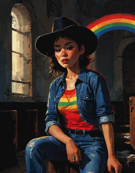 hyperrealistic birds eye view dark and gritty impactful paint of a mesomorphic pacific islander shocked female prisoner wearing a cowboy hat and h&m clothes  sitting in silence in a historic church, short denim hair, outside in Honduras at dawn pre-winter, inspired by futuristic anime, (rainbow prism effect:1.6)<lora:The_Pulp_Session:0.90>