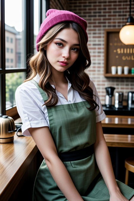 <lora:LCM_LoRA_Weights_SD15:1>,<lora:detail_slider_v4:1.1>,(stylish barista) 29yo old adult Woman, chubby build, extra long light green curly down hair, thai, light skin, light brown eyes, wearing a beanie, burgundy classic barista shirt, skirt, checked apron, clogs, minimal eyeliner, a name tag,a wristwatch, set in a trendy espresso bar, with sleek counters, stylish seating, modern lighting, and a hip vibe, at morning,fantasy portrait photography, beautiful eyes, ethereal beauty, magical atmosphere, whimsical element, enchanting composition, mystical storytelling, professional lighting, imaginative concept, creative styling, otherworldly aesthetic, fantasy romance, surreal visual, enchanting character, captivating narrative, intricate detail, vibrant color, fantastical landscape,