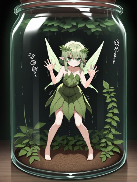 full body,  solo,1girl, volumetric lighting,inside huge jar,in glass tank,inside giant glass container,on glass,in jar, green dress,leaf dress,plant clothing, ,miniature,tiny,mini person,green wings,green hair,fairy wings,fairy,green eyes,pointy ears,medium hair,bangs,pixie cut,hair accessory,sidelocks,bare shoulders,leaf \(black souls\), looking at viewer,cute,attractive, eye contact,wet skin,noises,sound effects,motion lines,angry,against glass,
,masterpiece,best quality,amazing quality,
