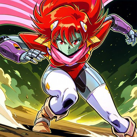 masterpiece, best quality, amazing quality, very aesthetic, absurdres, newest, 1girl,sharffl3 as a robot, 1girl, robot, robotic face, short red hair, hair ornament, red eyes, red pauldrons, red leotard, pink cape, white thighhighs, beige boots, purple wristbands, collar, close up, action pose, metal skin, robotic skin