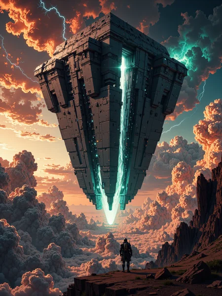 famous artwork, dramatic and epic landscape at night, hyper-realistic, highly aesthetic, ultra-high-resolution, 8k, 4k, dim lighting, perfect symmetrical architecture, dark science fantasy with cosmic horror elements, high above the churning, storm-wracked clouds of a vast gas giant, a colossal inverted pyramid hovers in defiance of gravity, its sheer, monolithic surfaces forged from an unknown, impossibly smooth material, darker than obsidian yet faintly reflective, catching flashes of distant lightning from the raging tempests below, its form is precise, geometric, and utterly alien, its sheer presence an unshakable anomaly in the violent sky. the zigguratâs immense doors remain sealed, towering slabs of an unidentifiable alloy, untouched by erosion or time, intricate markings and unreadable inscriptions subtly carved into their surface, glowing faintly with a deep, inner light, as if awaiting activation, beneath the structure, the storm's violent winds and coiling vortexes rage, but the megastructure is motionless, unmoving, as if held in place by some forgotten force. the background is dominated by the turbulent atmosphere of the gas giant, layers of dense, rolling clouds in shades of ochre, deep crimson, and cyan, pierced by jagged arcs of lightning that flicker across the sky, the storm below twists like a living entity, cyclonic patterns spiraling into oblivion, the vastness of the planet's horizon stretching endlessly into the void, tiny specks of orbital debris or distant satellites barely visible in the upper stratosphere. the lighting is dramatic and high-contrast, the scene illuminated by the chaotic interplay of storm light and the eerie, pulsing glow of the pyramidâs engravings, distant lightning casting brief, flickering highlights across the impossibly smooth surfaces, deep shadows consuming the structureâs recesses, adding to its enigmatic and foreboding presence. photographed with a large-format cinematic camera, capturing the full, awe-inspiring scale of the scene, the perspective is slightly low-angle, emphasizing the overwhelming size of the ziggurat as it looms over the planetary storm, razor-sharp details in the structureâs surface contrast with the soft, swirling depths of the clouds below, atmospheric haze subtly blurs the distant horizon, enhancing the sense of scale and distance, the color palette is rich with deep storm-born hues-fiery oranges, abyssal blues, and electric purples-contrasting with the cold, unyielding darkness of the floating monolith, ovg, artilands02, <lora:style-fantastic_landscapes-v2-flux-by_artifyai:0.48>