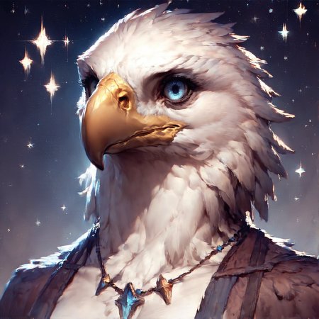 score_9, score_8_up, score_7_up, score_6_up, score_5_up, score_4_up,anthro,eagle, portrait, necklace, star-themed, blue eyes, glowing,<lora:Anthro_birds-000018:0.8>