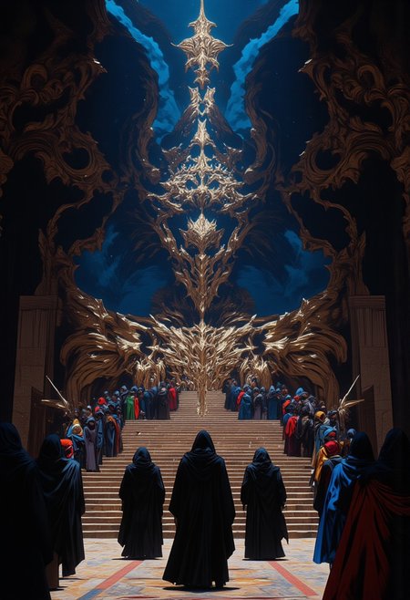 ((ne0nfant4sy, mythp0rt)), A hyper-realistic image, Seen from above, seen from front, Perfect smooth illustration, ultra detailed, hyper realistic. 4K 8K 16K 32K. « They proceeded to the great hall. On hand were fourteen sorcerers: Zilifant, Perdustin, Herark the Harbinger, Haze of Wheary Water, Ao of the Opals, Eshmiel, Kilgas, Byzant the Necrope, Gilgad, Vermou-lian the Dream-walker, Barbanikos, the diabolist Shrue, Mune the Mage, Hurtiancz. Ildefonse called out, "The last of our cabal has arrived: Rhialto the Marvellous, at whose manse the culminating stroke occurred! »
nt4sy, midjourney_whisper_avant_couture