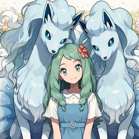 k3monogo, 1girl, pokemon trainer, green hair, flower, 1other, alolan ninetales \(pokemon\), side-by-side, looking at viewer, front view, feral, head tilt, cute,
masterpiece, best quality, good quality,  <lora:kemonogo-nai-v01:0.85>