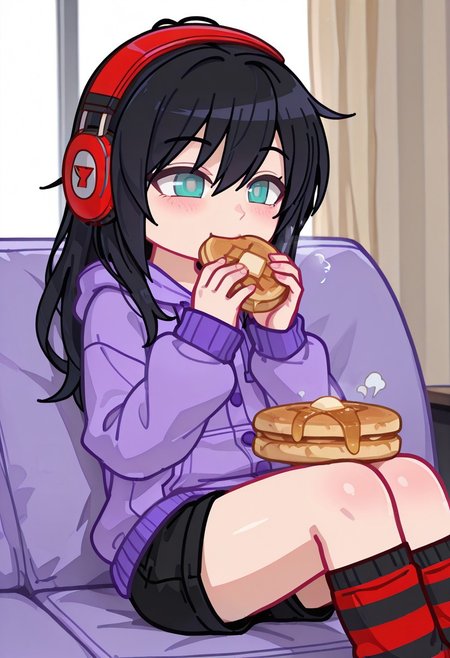 masterpiece ,best quality, amazing quality, Gnely433,Gnely433Gacha, gacha, 1girl, Black hair, turquoise eyes, red headphones, purple hoodie, purple button-up hoodie, black shorts, striped red socks, long socks, eats pancakes