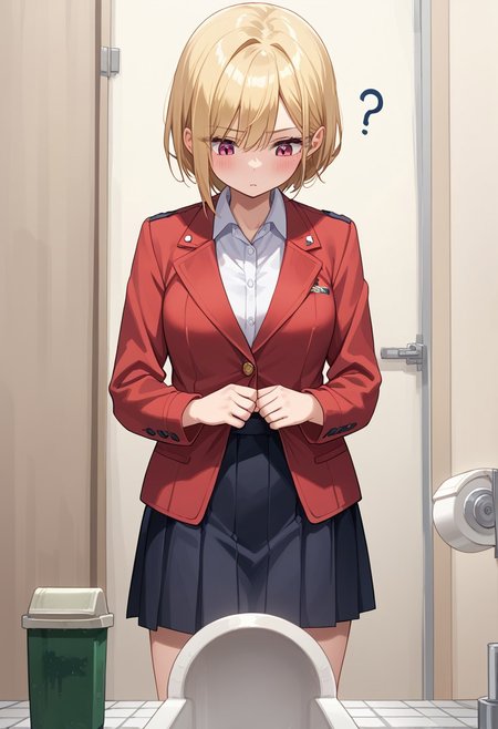 score_8, score_8_up, score_7_up, source_cartoon BREAK 1girl, female focus, solo, suit, skirt, red jacket, adult, jp1wc, toilet, standing, looking down, confused, ?, ???, rating_safe