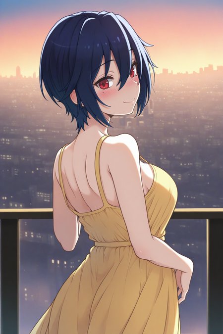 masterpiece, best quality, 1girl, solo, <lora:tsugumi-illu-nvwls-v1-000007:1> sstsu, dark blue hair, short hair, hair between eyes, red eyes, mole under eye, breasts, yellow sundress, from behind, looking back, cityscape, sunset, smile, blush