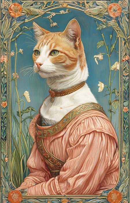 masterpiece,best quality,<lora:tbh132-sdxl:0.8>,portrait of cat,illustration,style of Walter Crane,