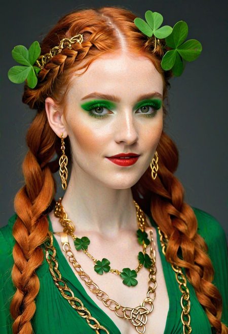 redhead model, modern take on celtic culture, intricate celtic braids with vibrant green shamrocks woven in, colorful makeup, elaborate gold jewelry, flowing red dress, confident expression, soft smile