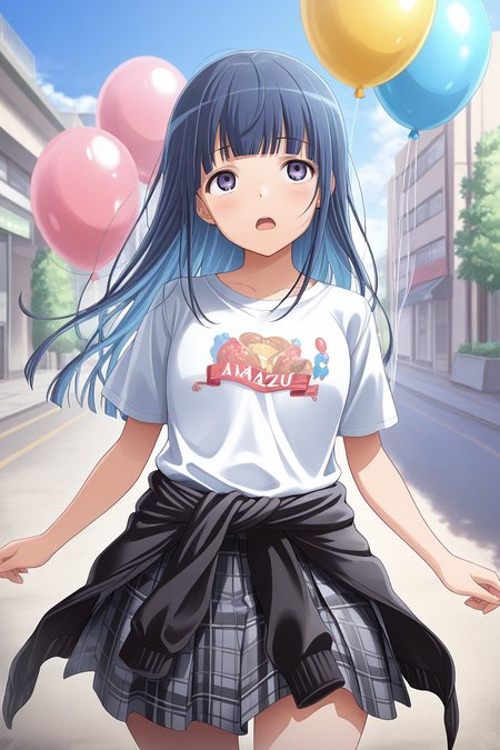 masterpiece, best quality, amazing quality,
 <lora:Mahiru_IL:1> mahiru, 1girl, shirt, balloon, blue hair, solo, long hair, clothes around waist, skirt, white shirt, plaid skirt, plaid, outdoors, bangs, blunt bangs, open mouth