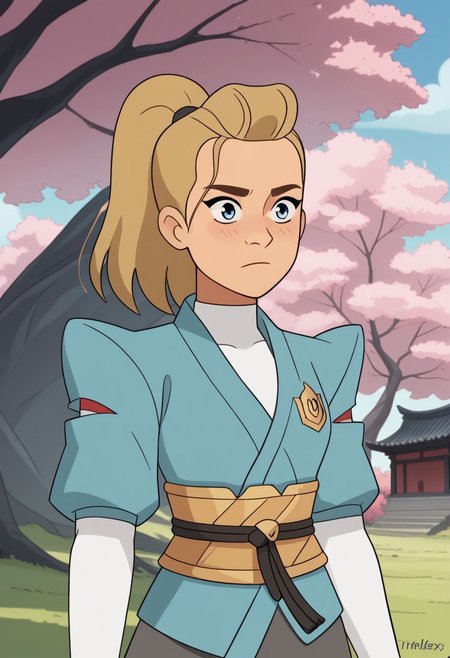 score_9, score_8, score_7, score_6,
triplevexx, solo, ((Adora, blonde hair, ponytail, blue eyes,))
Character Description: A disciplined warrior with a calm demeanor and a topknot.
Outfit: Traditional samurai armor with intricate designs and a katana at her side.
Action: she is standing in a poised stance, ready for battle, with the katana drawn.
Background: A serene Japanese garden with cherry blossom trees and a stone lantern.
Composition Details: Soft, diffused lighting creates a tranquil atmosphere, with a medium close-up shot that emphasizes his focused gaze and the details of his armor.