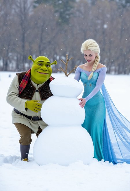 Elsa from Frozen and Shrek building a snowman together in a snowy field. Elsa is using her ice powers to elegantly form the snowman, while Shrek, bundled in a scarf and gloves, is awkwardly trying to stack lopsided snowballs. Snowflakes are gently falling, and the scene is filled with winter charm.
busty breasts