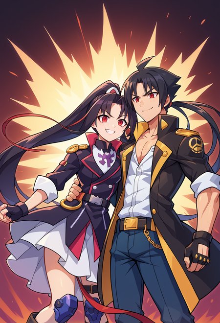 score_9, score_7_up, source_anime, BREAK   <lora:GunvoltMain:1> Azure Striker Gunvolt(Main),, smug smile, 1boy, red eyes, tsurime, black hair, parted bangs, hair intakes, ponytail, short hair with long locks, very long bangs, jacket on shoulders, black coat, dress shirt, sleeves rolled up, fingerless gloves, pants, belt, multiple belts, combat boots, shoulder holster, chest belt,