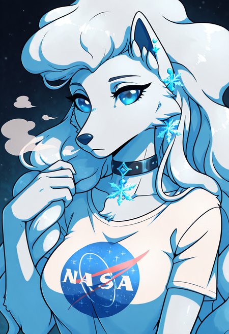 masterpiece, best quality,    zzNinetalesA, 1girl, solo, shoulder-length hair, side-swept bangs, white t-shirt, snowflake-shaped earrings, fur-lined hood draped over shoulders, layered choker, glacial mist backdrop, close-up portrait. Framed against a swirl of shimmering glacial mist, she gazes forward with calm intensity, her breath visible in the cold air. Stray locks of her silver-tinged hair curl around a fur-lined hood resting on her shoulders. The plain white t-shirt peeks out beneath delicate chokers and frost-kissed accessories, a quiet contrast to the ethereal atmosphere.  N4S4,   ,<lora:NASAShirtAnime_IXL_v1:1.0>,   <lora:NinetalesAlolanPokedex_IXL_v1:0.8>,