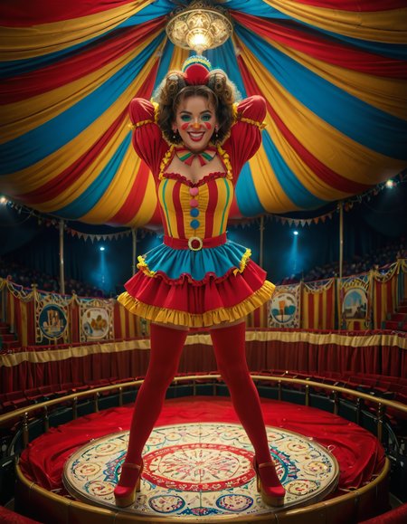 focus on woman face,rating_safe,A vibrant and colorful scene inside a grand circus tent,grand c1rcus, featuring a woman dressed as a whimsical clown. She is wearing an elaborate costume with a mix of bold patternsâred and white stripes, polka dots, and bright yellow accents. Her hair is styled in playful, oversized curls, dyed in shades of blue and pink. She is standing center stage, under a spotlight that casts a warm glow, making her sequined outfit sparkle. Her pose is dynamic and engaging, as if she is about to perform a trick or joke, with a wide, inviting smile. The background showcases the lively atmosphere of the circus, with colorful banners, a large audience in shadowy rows, and hints of other performers or props like juggling pins or unicycles. The overall lighting is bright and cheerful, emphasizing the magical, festive mood of the circus.<lora:SDXLFaeTastic2400:0.4> <lora:extremely_detailed:0.4> extremely detailed, <lora:grand_c1rcus:1>, Masterpiece,best quality,hi res,8k,hi res,8k,award winning,(sharp focus, intricate, highly detailed),