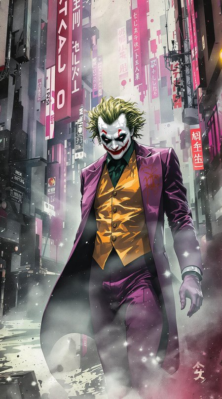 Joker, urban comics, DC, sci-fi, high tech, iconographic, glitchy backgrounds, watercolor, ink, fog, interactivity, high detail, art style by Clayton Crane + Ross Tran + Rachel Walpole + Jessica LeVay + Dan Walbert + Simon Stålenhag + Brian Stelfreeze