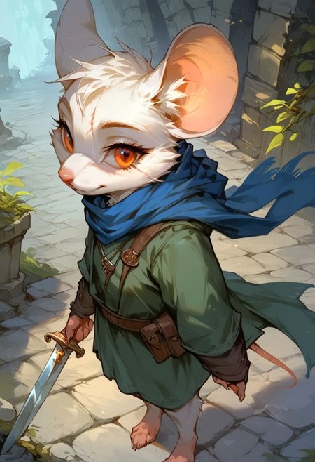 Expressiveh, extremely detailed, score_9, score_8_up, score_7_up, zPDXL2, detailed background, concept art, realistic, solo, anthro mouse girl, (tiny:1), cute, orange eyes, hooded, blue scarf, scarf flowing in wind, ruin background, holding sword handle, cobblestone floor, coat, tunic, scar on eye, white fur, bottomless, barefoot, ((from above:1.2)) night, g0thicPXL, cloaked in shadows, from side