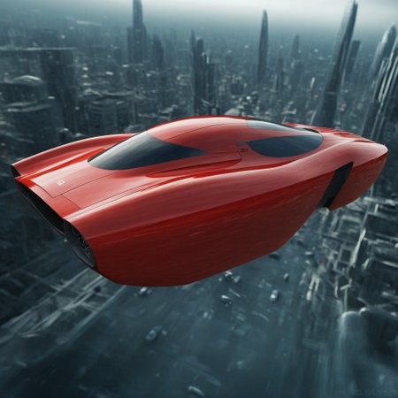 photo of red hover (2010's sports car), nowheels, science fiction, scifi, futuristic, futuristic city,  flying, soaring,
