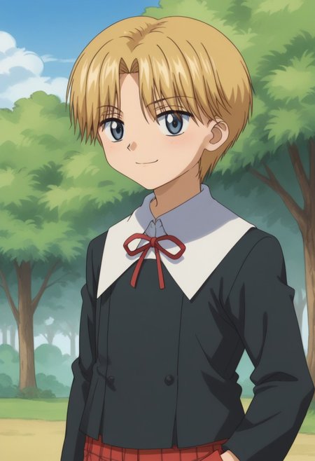 score_9, score_8_up, score_7_up, source_anime, highly detailed, 
rukanogi, 1boy, male focus, blonde hair, short hair, shorts, red shorts, plaid shorts, school uniform, blue eyes, solo, ribbon, neck ribbon, upper body, sweater, black sweater, shirt, white shirt, collared shirt, long sleeves, smile, closed mouth,
outdoor, sky, tree