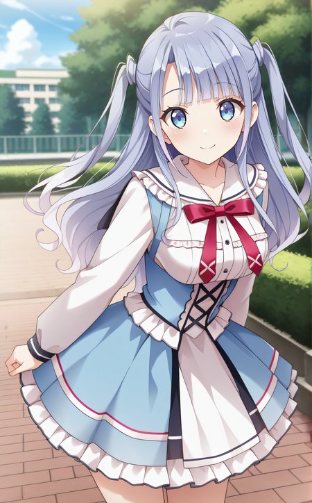 masterpiece, best quality, highres, newest, scenary, 1girl, solo, official style, <lora:Ougi_Ichika:1>, ichika, long hair, two side up, dress, frills, school uniform, looking at viewer, smile, outdoor, cowboy shot