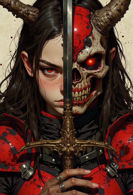 striking and dramatic composition. It depicts a female character with half of her face visible, the other half obscured by a demonic mask. The visible side of her face has pale skin, sharp features, and intense red eyes, with dark hair cascading down. The mask is grotesque, with a skeletal structure, sharp teeth, and glowing red eye, creating a stark contrast. A sword with an ornate hilt runs vertically down the center, dividing the human and demonic sides. The background is a muted beige, enhancing the vivid red and black color scheme of the character's armor and the blood splatters. The overall style is dark fantasy, with intricate details and a focus on duality and transformation.   <lora:FluxMythV2:0.6> <lora:fantastic-realism:0.6>