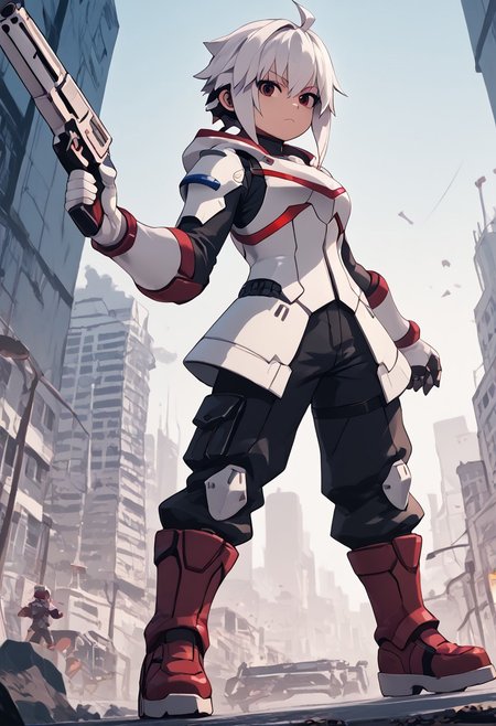 score_4,score_5,score_6,score_7_up,score_8_up,score_9 ((masterpiece,best quality,ultra detailed,highres,HD,4k:1.2)), 
Copen(GV),white hair, ahoge, short hair,sidelocks,red eyes, dark eyes,highlight off,Eyes without highlights,
hood, Hood down,white armor, white gloves, red boots, black pants,
Silver Gun,Holding a gun, shooting a gun,
standing,looking at viewer,science fiction,city,
serious,