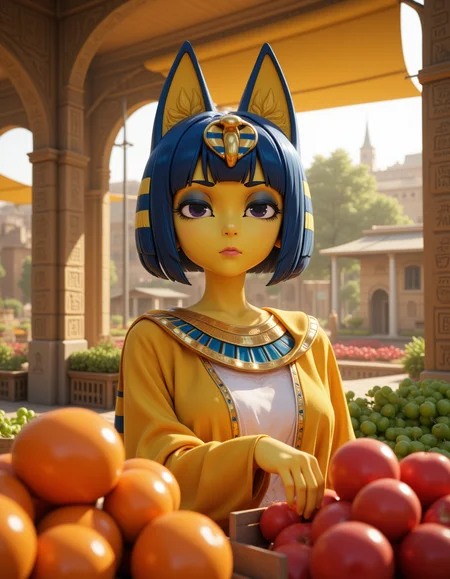 3d CGI Style in a wide shot. Looking at viewer, outdoors in daylight, explicit
She is a 25 year old mature woman, and adult, Doubtful with furrowed brows, lips pressed in a thin line, and a hesitant gaze. 
<lora:Animal_Crossing_-_Ankah_V2_000030:1> she is an  egyptian woman with yellow skin, with cat ears. Blue hair in a bob cut with blunt bangs, she is a furry female with a cat tail. Wearing a
Traditional Egyptian-style attire with gold and blue accents, reflecting ancient royalty.
A woman stands in a bustling farmerâs market, carefully selecting ripe fruits and vegetables, her fingers brushing over the produce as she inhales the fresh, earthy scents.