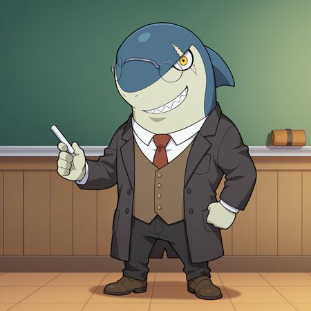 Indyjaws, 2d, 1boy, solo, male, shark, blue skin, shark fin, sharp teeth, two tone skin, eye scar, white sclera, yellow eyes, 

Glasses, brown vest, buttons, white inner-shirt, red tie, black coat, black pants, brown shoes, 

BREAK holding single chalk, chalkboard, classroom, looking at viewer, smiling, standing 