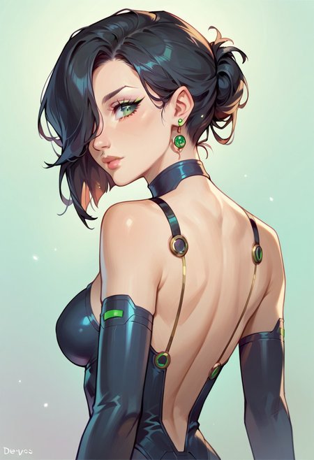 score_9, score_8_up, score_7_up, 
source_cartoon, 2d, 
<lora:DetailedEyes_last:1>, green eyes,
high quality, , solo, Tron style, Quorra (Tron: Legacy), black hair, straight hair, hair over one eye, bodysuit, neon trim, arm gloves, latex bodysuit, TRON suit, medium breasts, Round Breasts, (close up:1.4), looking back over shoulder, perky bottom, back, shoulderblades,