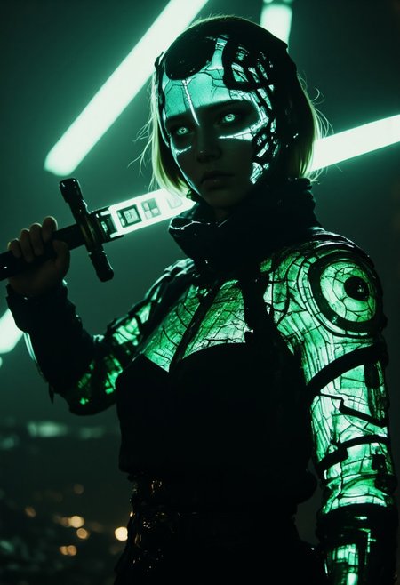 Dystopian sci-fi themed, analog photo, highly detailed, an upper body shot of a space knight standing in the ruins of a forgotten celestial temple. Her synthetic, translucent armor glimmers faintly with a bleached neon glow, its surfaces embedded with intricate circuits and microchips that pulse with uneven, flickering light. The armor is sleek yet battle-worn, with visible cracks revealing tangled wires beneath the surface. Neon veins of green, blue, and pale orange streak through the translucent material, illuminating her form in ghostly hues. Her pauldrons and breastplate seem weightless, their edges shimmering like fractured glass, while faint vapor trails drift from her body into the dim atmosphere. Volumetric light, atmospheric lighting, volumetric dust,
Her face is framed by a transparent, helmet-like crown adorned with glowing symbols that hover and rotate, casting faint patterns across her expression. Her eyes burn with a cold, white-blue intensity, reflecting her unwavering resolve. Her short, ashen hair glows faintly where it meets the ambient light, as though charged with latent energy.
In her hand, she holds a massive sword forged from the same translucent, glowing material as her armor, its edge radiating a pale, lethal light that cuts through the heavy mist surrounding her.