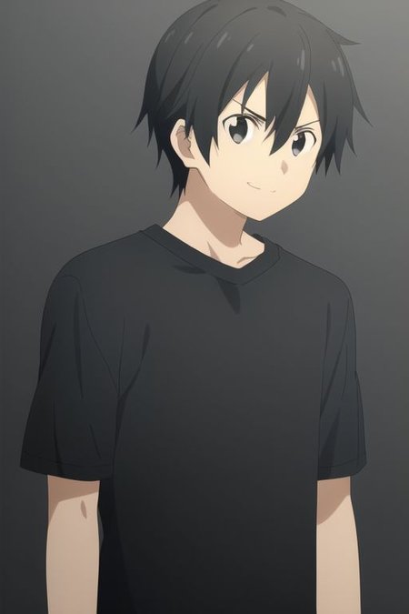 high resolution, professional photography, best quality, 1Boy, Kazuto Kirigaya, Black Hair, Black Eyes, dark t-shirt, ID Photo Style, looking at viewer, focused gaze forward, plain background, straight body, head upright, angry, smile,
