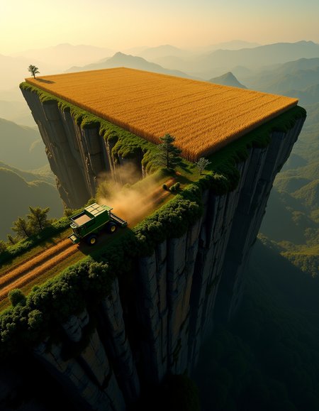  evening,  aerial view, the edge of the plateau, a high sheer cliff, a flat green corn field on top, a combine harvester rides through the field and collects corn, leaves fly, close to the edge of the cliff, epic,,
 

masterpiece,  (depth of field) ,   CPA, action pose,


  
  
  


  
  