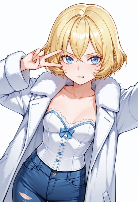 Smooth Quality,masterpiece,very intricate, high quality details, ultra realistic, high detailed skin,detailed enviorement,absurdres,
v over eye,
 <lora:Lierre_CNR:0.8> lierre_cnr, 1girl, blonde hair, short hair, bangs, blue eyes,, grimace,, simple background, white background, dutch angle,solo,, fur coat,,bustier,  ,patched jeans,  ,