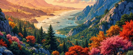 A sweeping aerial panorama, vibrant biomes collage, lush forest textures, arid desert dunes, rugged mountain ranges, dynamic coastal shoreline, intricate natural gradients, detailed petal close-ups, expansive birdâs-eye view, intimate eye-level composition, dramatic low-angle perspective, fluid tracking shot, majestic lighting, soft sunbeams, deep shadows, 8k resolution, masterpiece quality, hyper-detailed textures, vibrant hues, rich spatial composition, atmospheric natural wonder <lora:ck-shadow-circuit-000021:0.4> <lora:RetroAnimeFluxV1:0.6> <lora:flux_dev:1>
