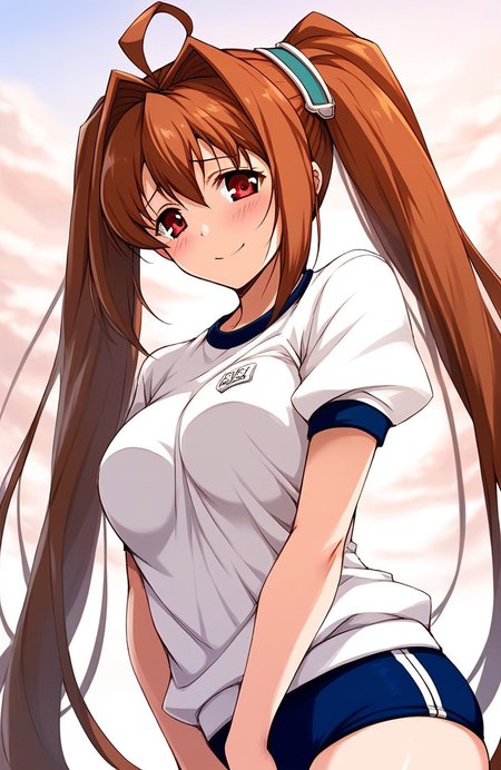 score_9, score_8_up, score_7_up, source_anime, rating_explicit, BREAK  <lora:Estelle_Bright_XL:1> Estelle_Bright, brown hair, very long hair, twintails, ahoge, red eyes, hair intakes, medium breasts,
gym uniform,white shirt, dark blue buruma,
blush, sad, v arms,
day, sky,
smile,
looking at viewer, 
cowboy_Shot,