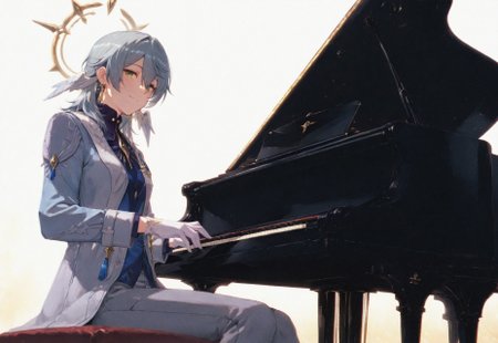 volumetric lighting, ambient occlusion, luminescent background, masterpiece, very awa, simple background,white background,(playing instrument), instrument, piano, sitting, grand piano,low angle, cinematic shot, looking at viewer, gentle smile, cinematic shot
BREAK
honkasund, 1boy, male focus, solo, yellow eyes, grey hair, medium hair, hair between eyes, wings, head wings, halo, jewelry, earrings, shirt, blue shirt, coat, grey coat, long sleeves, brooch, tassel, gloves, white gloves, pants, grey pants, 
