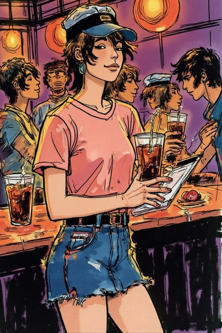 hugop1 illustration. 
The air buzzes with the energy of a busy bar, a mix of music, conversation, and the clinking of glasses. A barmaid, the embodiment of youthful vibrancy, navigates the lively scene. She wears a peach-coloured T-shirt, the soft fabric contrasting with the smooth, cold glass of coke she carries on a small tablet. Her short skirt adds a playful touch, and a backwards baseball cap hints at a carefree attitude. The setting and atmosphere are palpable: the warm, slightly sticky surface of the bar counter under her fingertips, the dim, colourful lighting that casts playful shadows. Sensory details are abundant: the condensation forming on the glass of coke, the texture of her denim skirt, and the way the bar lights catch the highlights in her hair. Her confident stride, her quick smile, and her efficient movements. Stylistically, the image draws inspiration from the vibrant, candid shots of nightlife photographers, with a touch of the stylized realism found in contemporary illustration. There's a deliberate contrast between the barmaid's youthful energy and the slightly worn, lived-in atmosphere of the bar, creating a dynamic and engaging image.
 <lora:hugop1_cap_d6a3e12:1.0><lora:824403085666460567:0>
