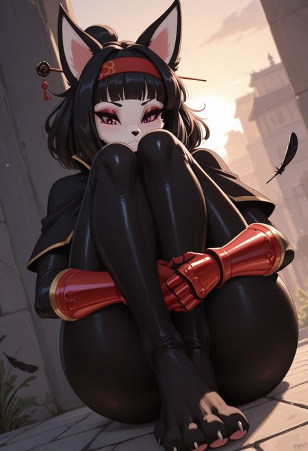 sanarpg, outdoors, undershirt, falling feathers, black bodysuit, hair stick, hugging own legs, , gauntlets,   eyeshadow,   red gloves, black capelet, red hairband, pink eyes, 1girl, solo, feet, medium hair, black hair  dynamic angle, foreshortening, furry, furry female, anthro, paws, claws, pawpads,