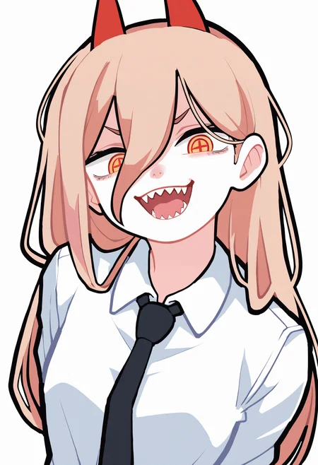 best quality, amazing quality, very aesthetic, absurdres,
BREAK
1girl, power \(chainsaw man\), pink hair, blonde hair, red horns, red eyes, cross-shaped pupils, long hair, sharp teeth, hair between eyes, symbol-shaped pupils,
collared shirt, black necktie, long sleeves,
looking at viewer, white shirt, open mouth, arms behind back,
simple background, white background, smile, upper body,    <lora:ShoeguyNoob_byKonan:1>