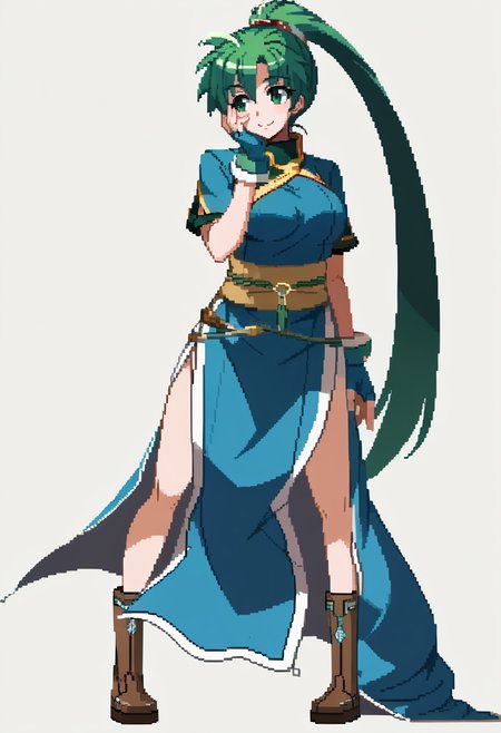 score_9, score_8_up, score_7_up, source_anime, BREAK, solo, 1girl, smile, looking at viewer,  <lora:Under-Night-In-Birth-SpritesV2-pdxl_Fp:1>, simple background, full body, standing,  <lora:lyn-pdxl-nvwls-v1:0.9>, defLyn, green hair, high ponytail, blue dress, short sleeves, sash, side slit, fingerless gloves, brown boots, large breasts, hand on own face,
