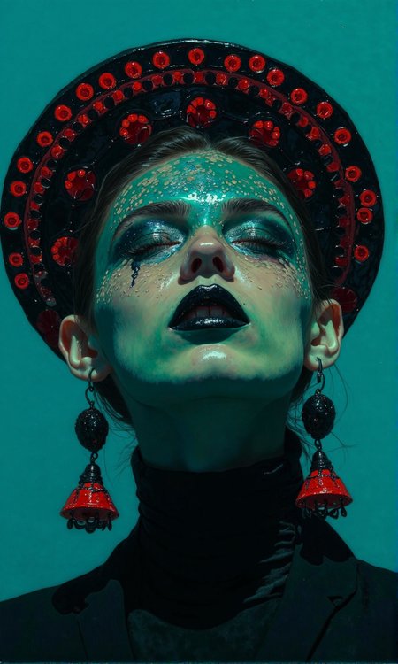 Close-up portrait of a woman.
The woman has a striking, teal-toned complexion, and her eyes are closed, giving a serene expression.  Her makeup is dramatic, with a noticeable amount of shimmering, sparkly eyeshadow.  Her lips are painted a deep, rich black. 
She wears a fitted, black turtleneck.
A distinctive headpiece, or hat, shaped like a rounded bowl, covers her head. This headpiece features a repeating pattern of small, bright red polka dots against a black background.  The pattern seems to have a three-dimensional or slightly raised effect, rather than just a flat design.
Large earrings with a similar polka dot design in red on a black background dangle from each earlobe. The earrings are substantial and add to the overall futuristic, bold aesthetic of the image.
The background is a flat, solid teal-blue color, which contrasts sharply with the woman's attire and the vibrant red accents.  The lighting is carefully controlled, highlighting the woman's features and creating strong shadows that enhance her form. The overall impression is one of modern, stylized fashion photography., <lora:FLUX-daubrez-DB4RZ-v2:1> DB4RZ, DB4RZ style painting