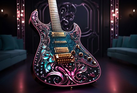 RAW photo of a very detailed reflective guitar with whimsical elements, completely dark studio, magical glowing guitar,( the room is dark:2), only light of source is coming from the guitar, cyan and pink neon, strong highlights, complimentary colors, reflective enviroment, spot lights, futuristic style, 90% black and 10% gold colors, big white diamonds on the guitar, strong depth of field, darkness, dramatic light, dusty black theme, intricate details, ultra sharp, exquisite detail, flawless composition, vivid colors, masterpiece, exciting background, timeless elegant and Exquisite
