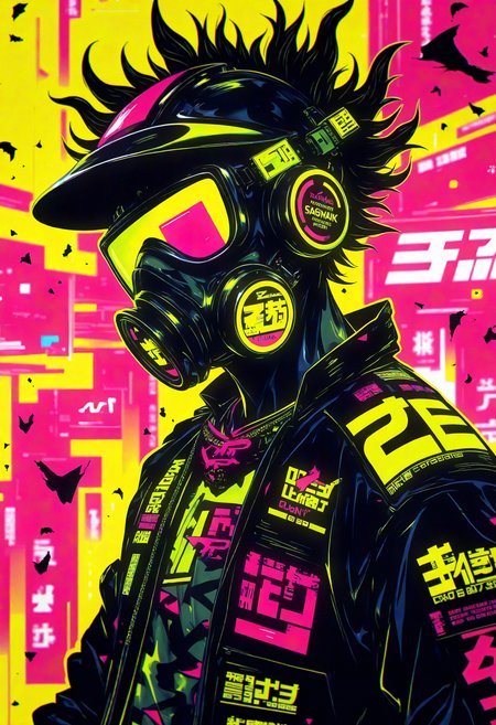 bo-cpposter,  futuristic portrait of a figure wearing a sleek gas mask and stylized helmet, exuding an edgy urban vibe. The character has wild, tousled hair and is dressed in a fitted black jacket adorned with neon accents, set against a vibrant backdrop. Utilize a color palette dominated by bright yellows, electric pinks, and deep blacks, creating a high-contrast, cyberpunk aesthetic. Incorporate graphic elements and abstract shapes that evoke a sense of movement and energy. The setting should suggest a bustling cityscape with neon signage subtly blurred in the background, creating depth. Aim for a hyperrealistic style that emphasizes sharp details, showcasing the character's intense expression and unique attire. , <lora:Flux\boFLUX Cyberpunk Poster.safetensors:1.4000000000000001:1.4000000000000001>